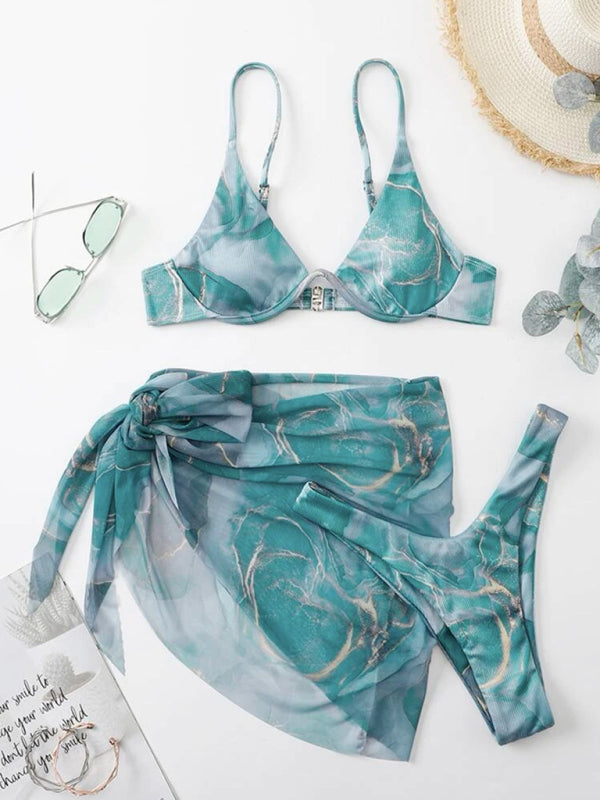 New marble tie-dye three-piece bikini set