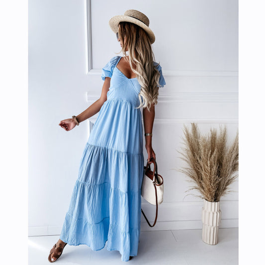 New style short-sleeved off-the-shoulder solid color backless strappy commuter high-waisted dress