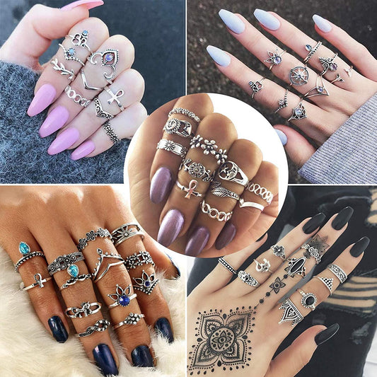 95 Pcs Knuckle Rings for Women Set Vintage Wave Star Crystal Stacking Rings Midi Finger Stackable Rings Hollow Carved Flowers Boho  Rings Set