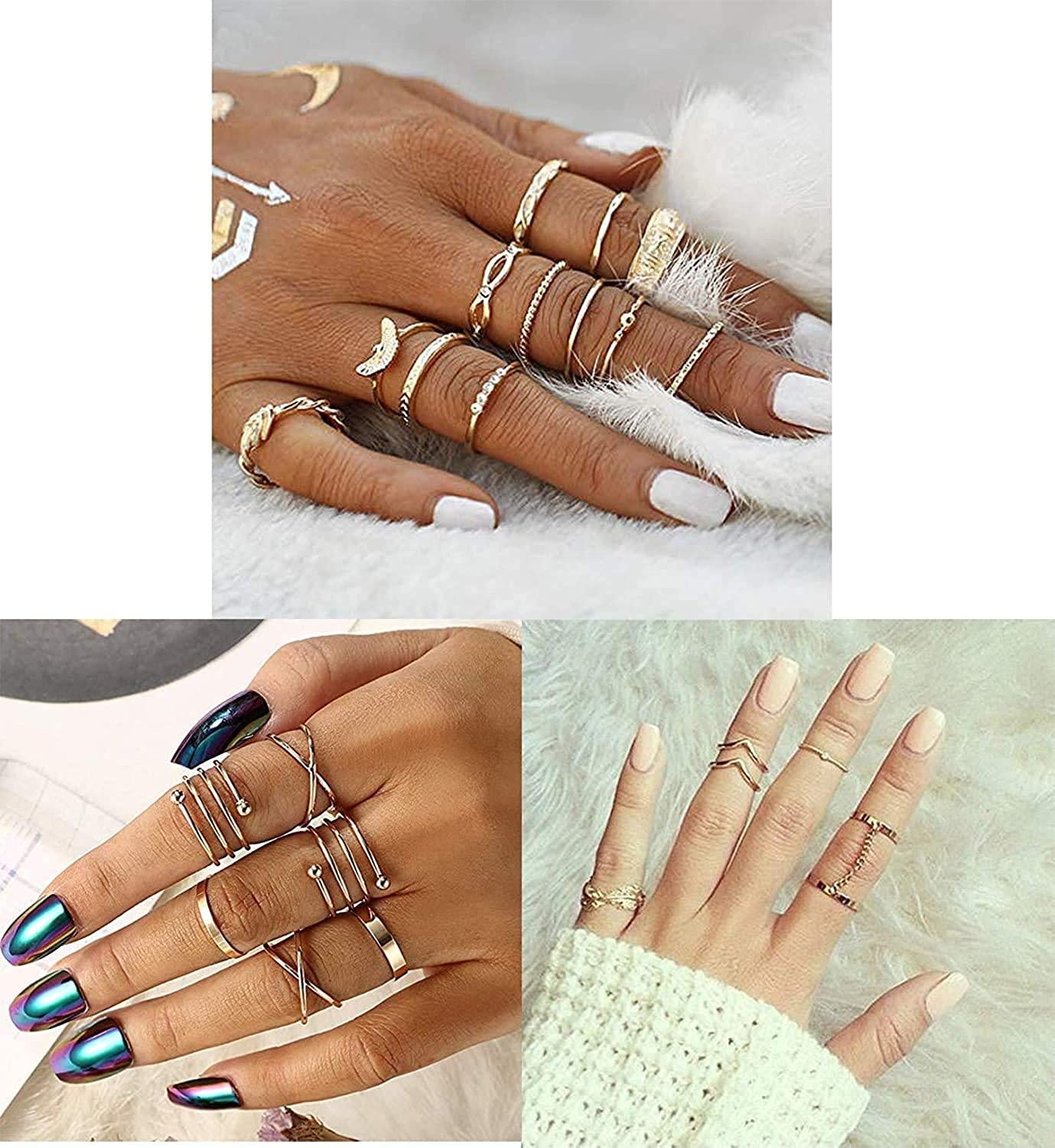 95 Pcs Knuckle Rings for Women Set Vintage Wave Star Crystal Stacking Rings Midi Finger Stackable Rings Hollow Carved Flowers Boho  Rings Set