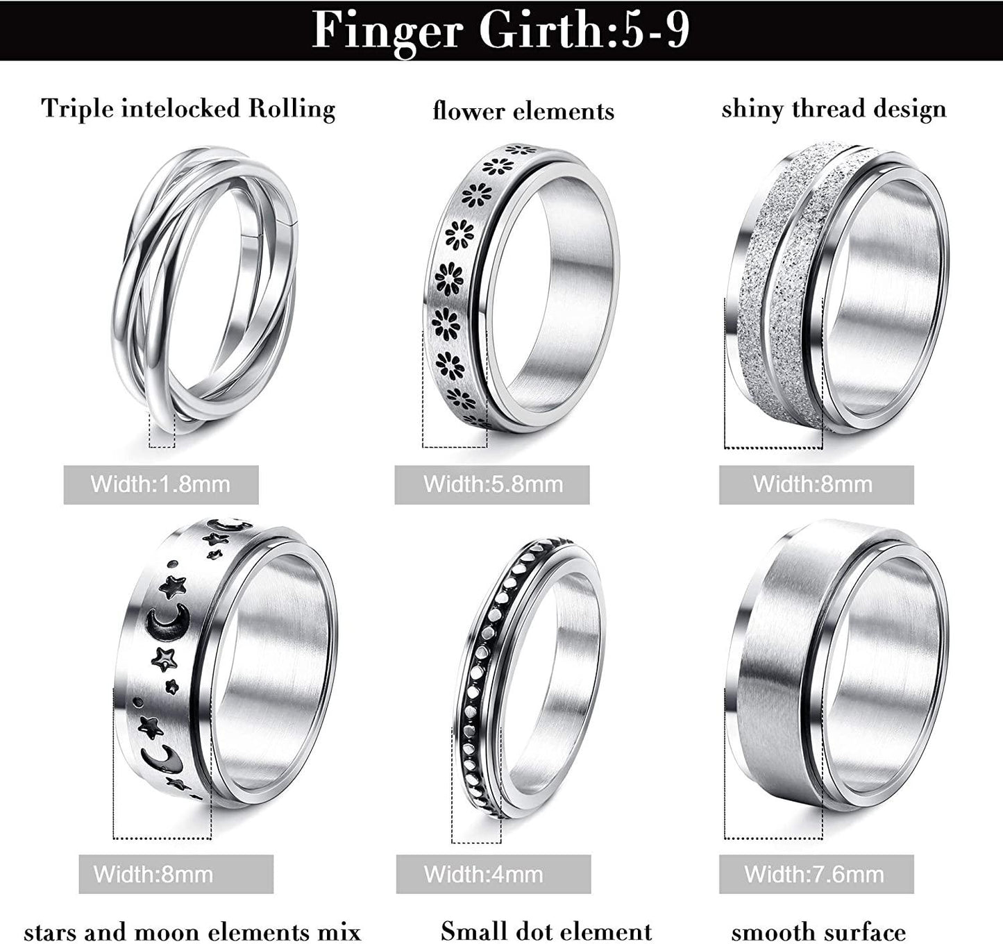 6PCS Stainless Spinner Rings for Women Mens Triple Interlocked Rolling Flower Moon Star Stress Relieving Meditation Rings Sand Blast Finish Wedding Promise Fidget Band Rings Size 6