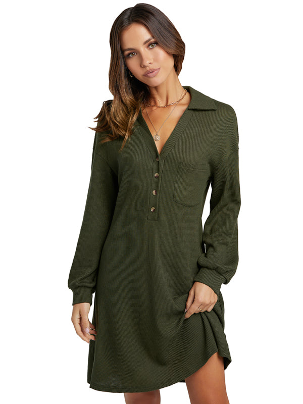 Women's waffle shirt skirt V-neck loose dress