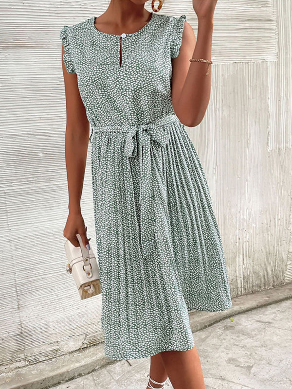 Casual Dress Lace-Up Pleated Green Floral Dress