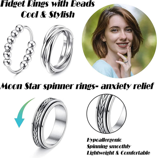 9Pcs Multi-Style Stainless Spinner Fidget Rings for Women Men Anti Anxiety Ring with Beads Flower Chain Moon Star Sun Stress Relieving Band Ring Set Size 12