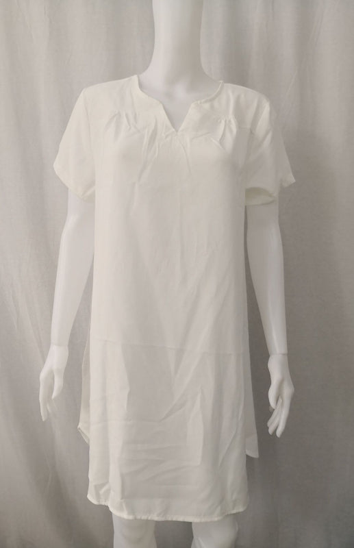 V-Neck Rolled Short Sleeve Gathered Curved Linen Dress