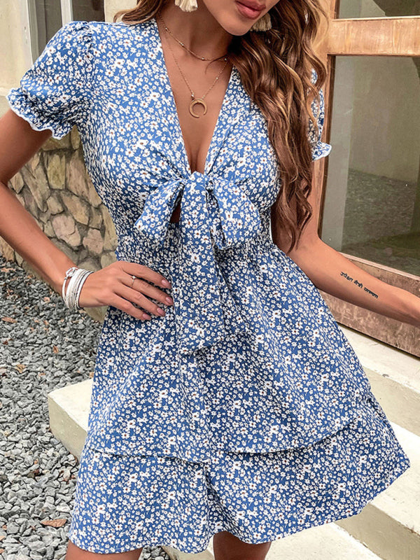 Fashion Women's Bow Knot Blue Elegant Dress Women's Summer