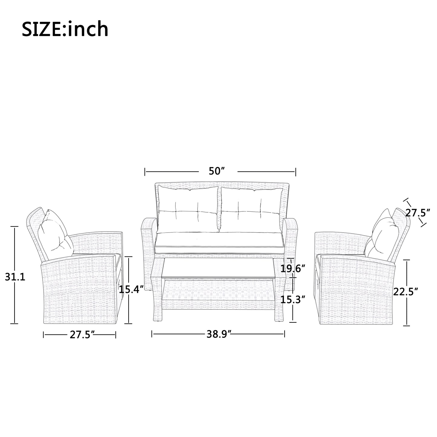 U-style Patio Furniture Set, 4 Piece Outdoor Conversation Set All Weather Wicker Sectional Sofa with Ottoman and Cushions