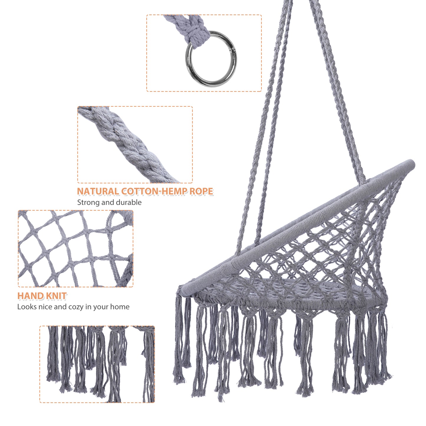 Hammock Chair Macrame Swing Max 330 Lbs Hanging Cotton Rope Hammock Swing Chair for Indoor and Outdoor