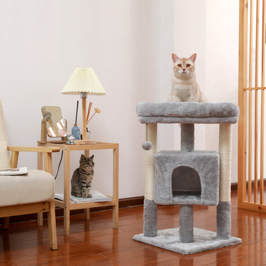 28.4 Inches Small Cat Tree for Indoor Cats Polyester Plush Cat Tower with Beige Condos, Spacious Perch,Scratching Sisal Posts Plush-covered posts and Replaceable Dangling Balls Gray