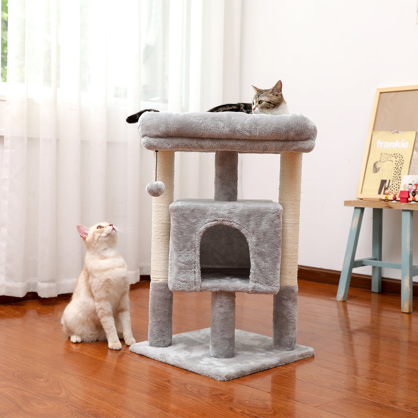 28.4 Inches Small Cat Tree for Indoor Cats Polyester Plush Cat Tower with Beige Condos, Spacious Perch,Scratching Sisal Posts Plush-covered posts and Replaceable Dangling Balls Gray