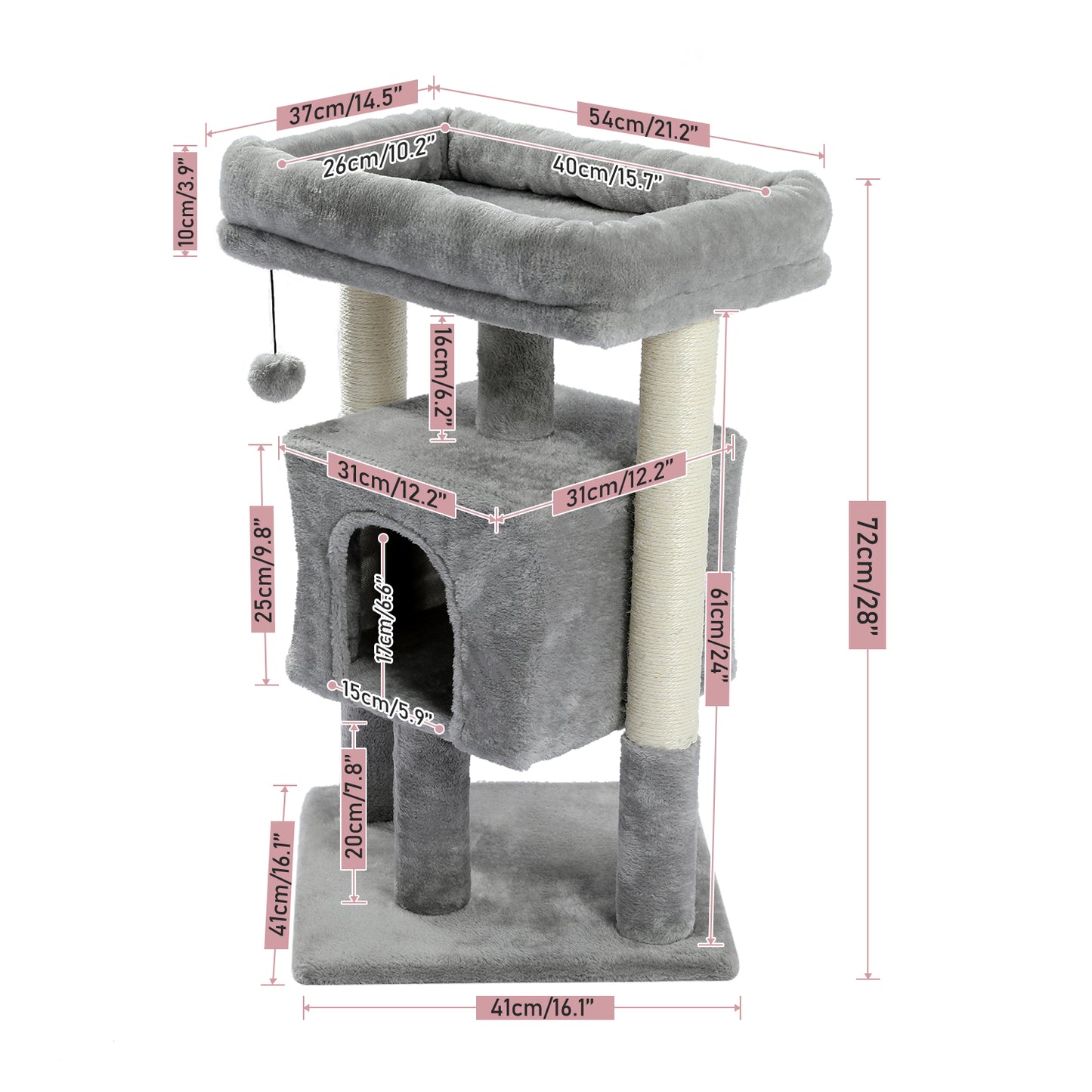 28.4 Inches Small Cat Tree for Indoor Cats Polyester Plush Cat Tower with Beige Condos, Spacious Perch,Scratching Sisal Posts Plush-covered posts and Replaceable Dangling Balls Gray