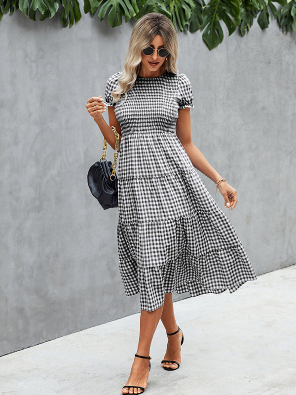 Women's fashion Plaid print pleated short sleeved dress