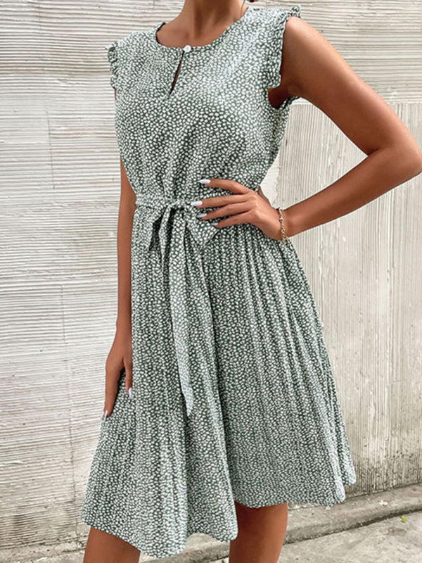 Casual Dress Lace-Up Pleated Green Floral Dress