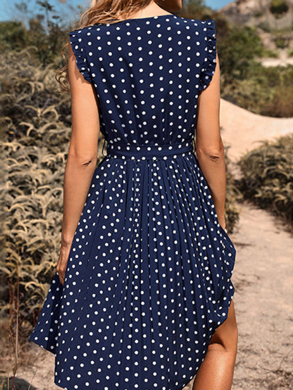 Fashion women's round neck short sleeve polka dot pleated dress