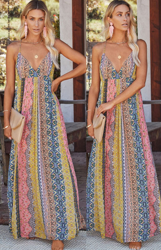 Women's Sling Deep V Print Long Dress