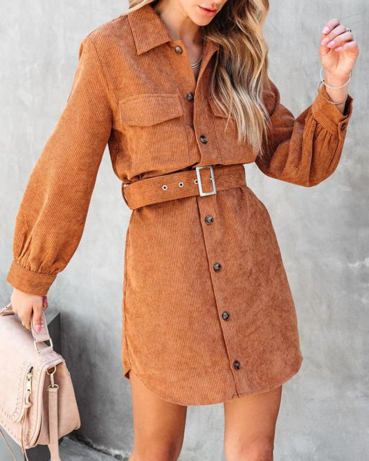 Women's casual solid color corduroy tie shirt dress