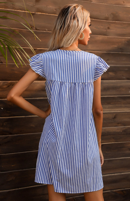 Ladies Fashion Striped Summer V-Neck Dress