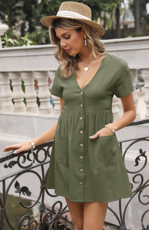 Women's Loose Shirt Dress V-Neck Short Sleeve Pleated Cotton Linen Dress