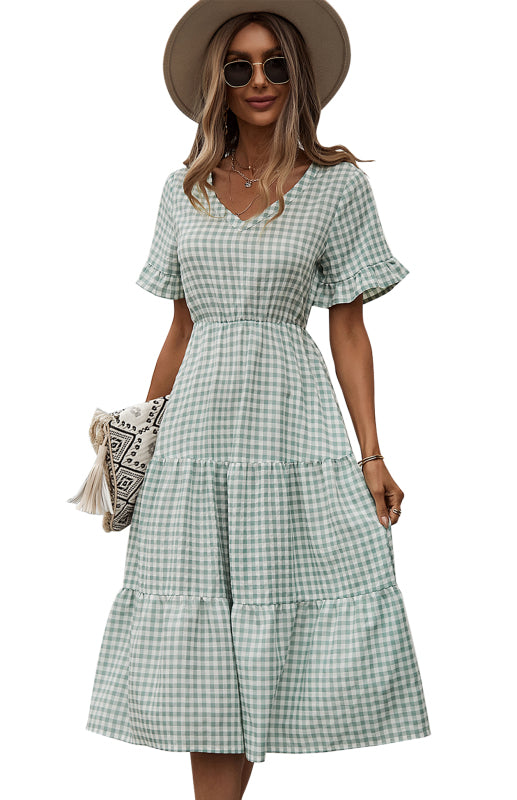 Women's spring and summer sexy big swing skirt plaid temperament dress