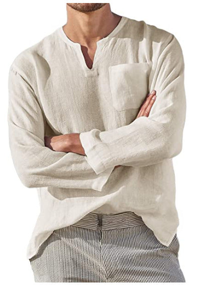 Men's Long Sleeve V Neck Casual Beach Linen Shirt