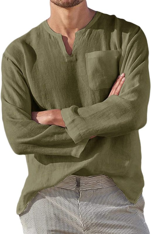 Men's Long Sleeve V Neck Casual Beach Linen Shirt