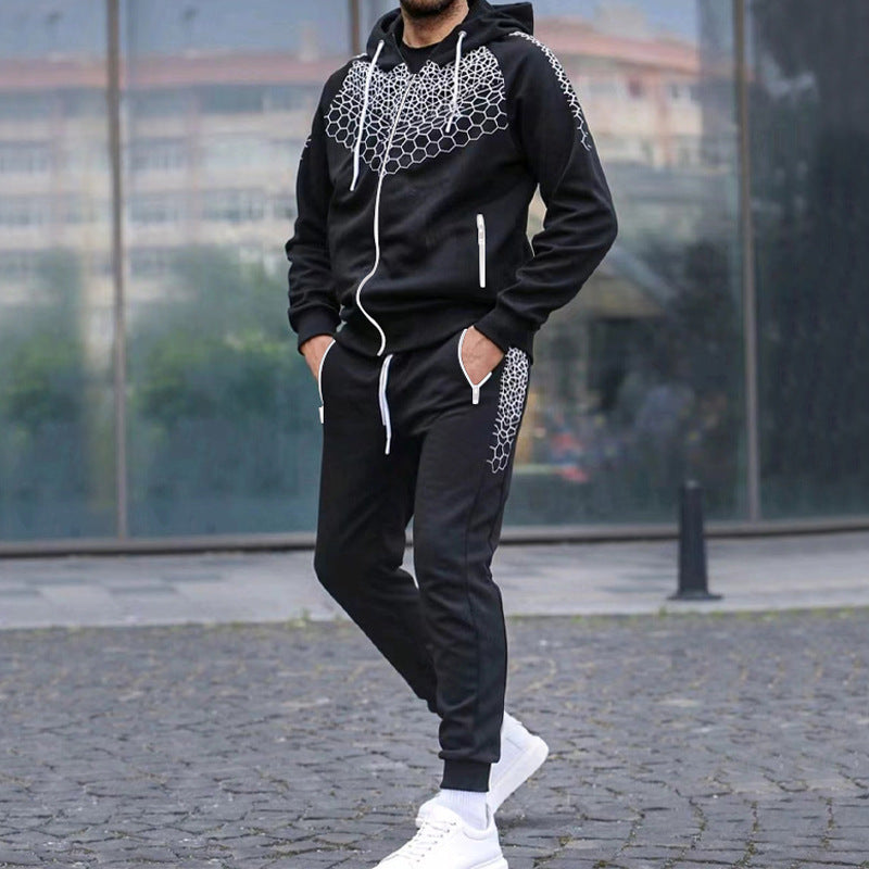 Men's Zipper Hooded Cardigan Jacket Honeycomb Print Casual Sweatshirt Trousers Set