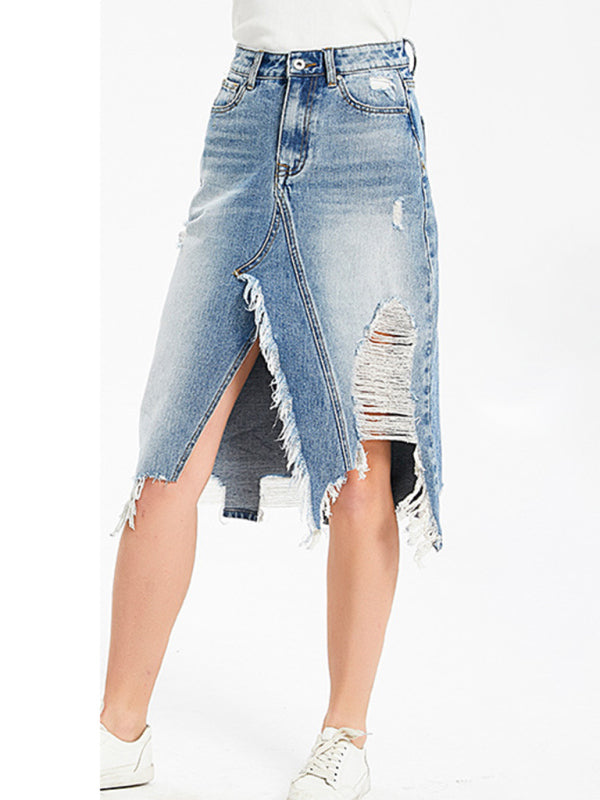 Women's Irregular fringed ripped butt-lifting denim midi skirt