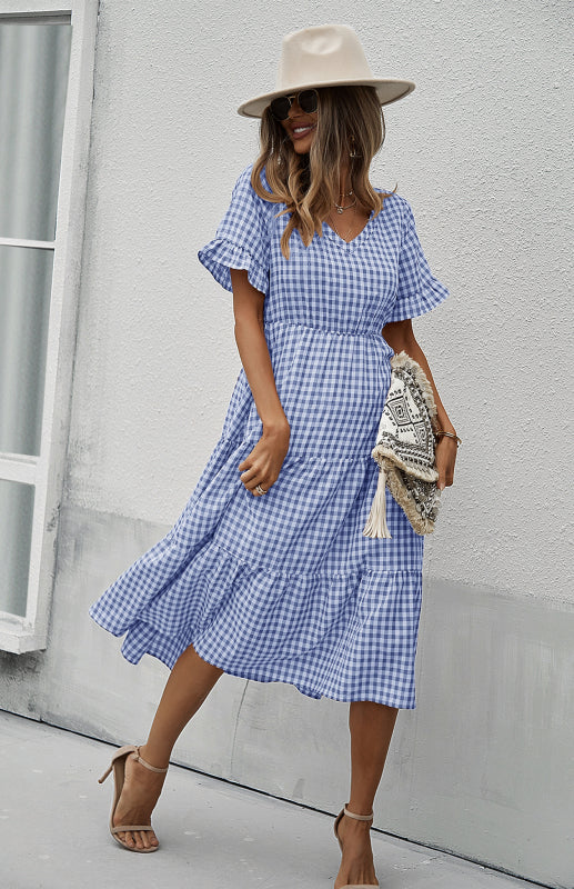 Women's spring and summer sexy big swing skirt plaid temperament dress