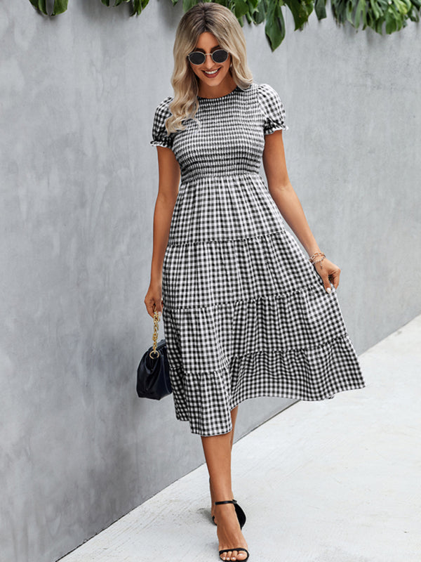 Women's fashion Plaid print pleated short sleeved dress