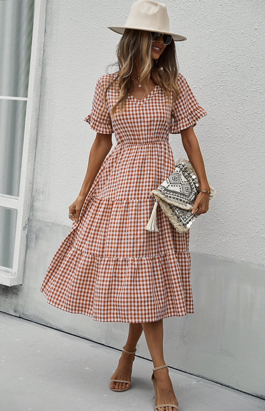 Women's spring and summer sexy big swing skirt plaid temperament dress