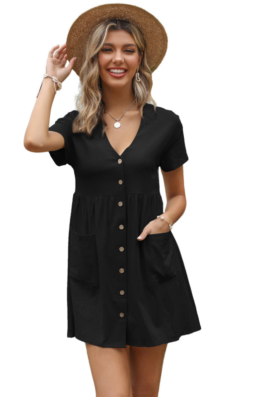 Women's Loose Shirt Dress V-Neck Short Sleeve Pleated Cotton Linen Dress