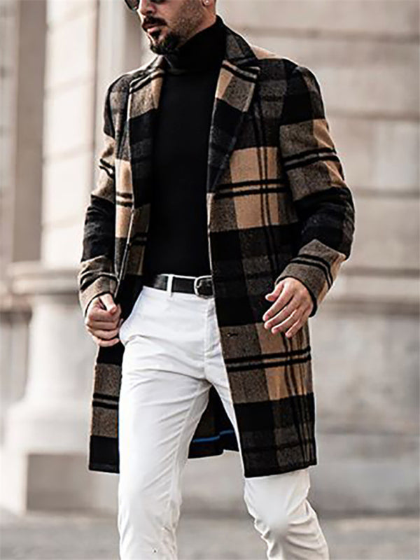 Men's Casual Fashion Plaid Coat Mid Length Coat Coat