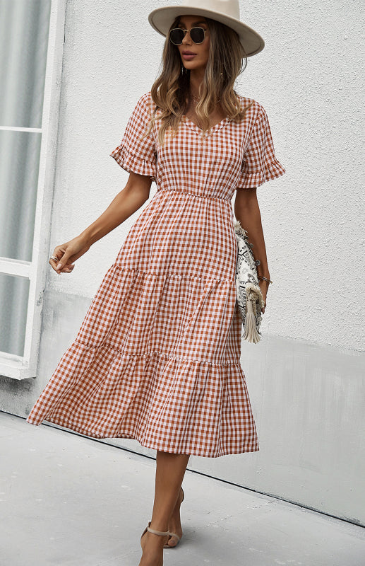 Women's spring and summer sexy big swing skirt plaid temperament dress