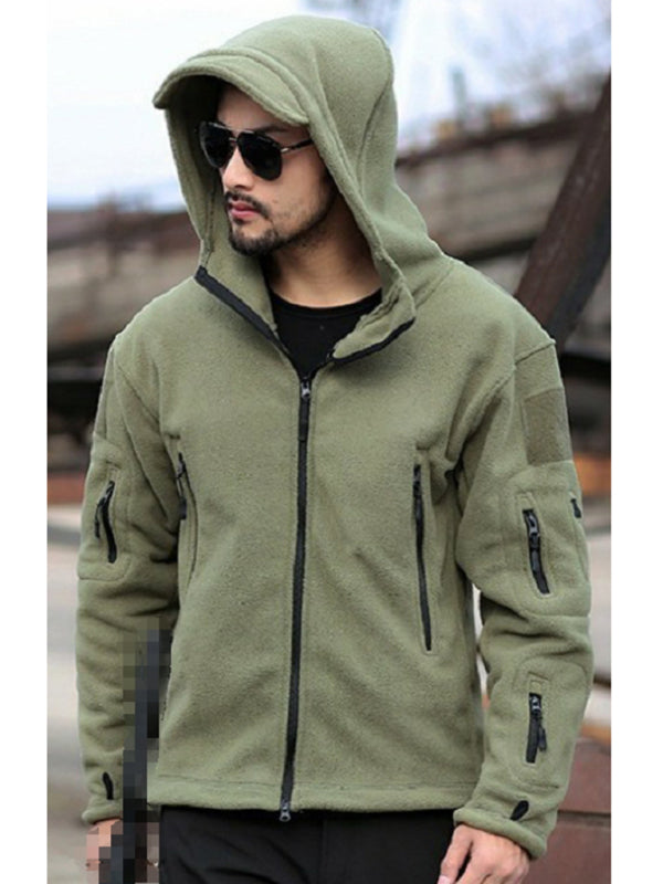 Men's Outdoor Warm Liner Fleece Jacket Cold-Proof Jacket Wind Hood Solid Color Hooded Jacket