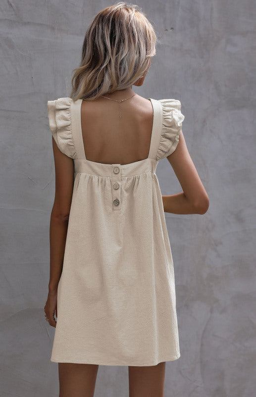 Ladies Loose Short Skirt Ruffle Vest Cotton Linen Dress