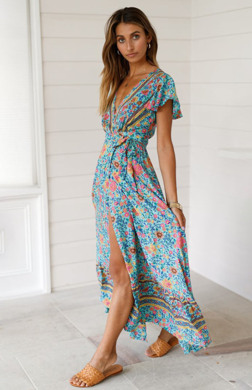 Ladies Deep V Neck Printed Slit Sexy Long Dress