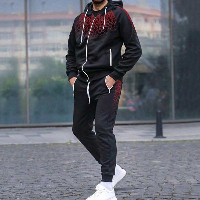 Men's Zipper Hooded Cardigan Jacket Honeycomb Print Casual Sweatshirt Trousers Set