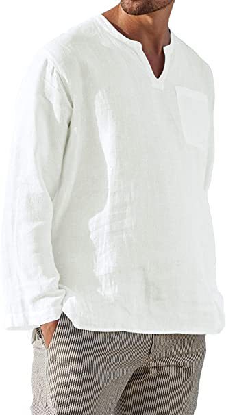 Men's Long Sleeve V Neck Casual Beach Linen Shirt