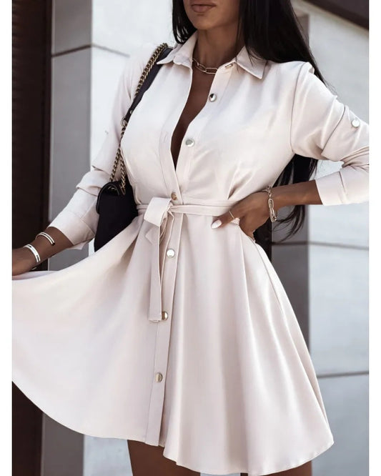 Women's solid lapel button tie dress