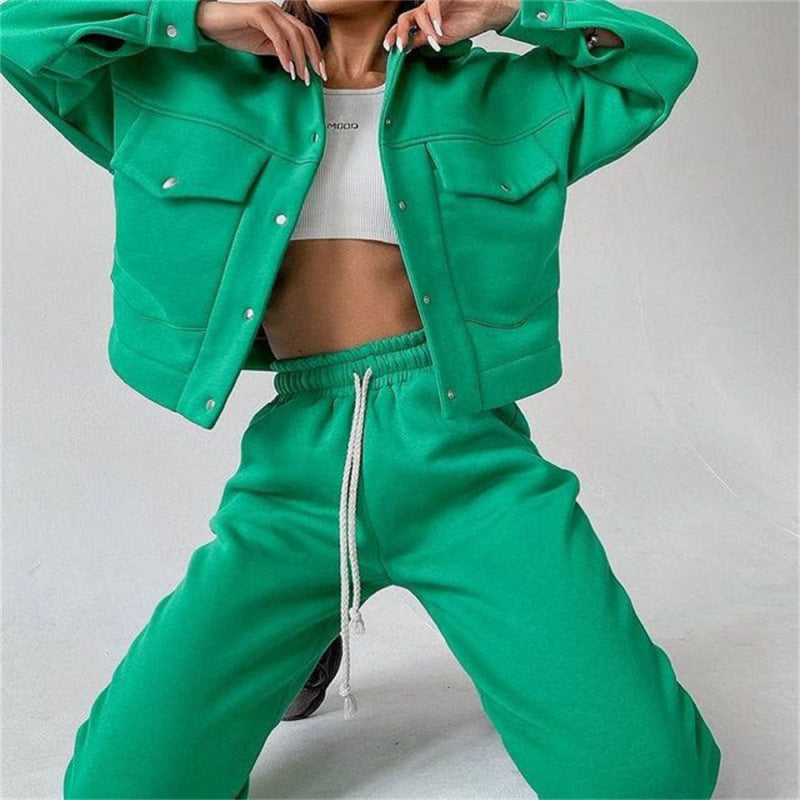 Solid color women's jacket jacket casual trousers suit long-sleeved jacket sweater two-piece suit