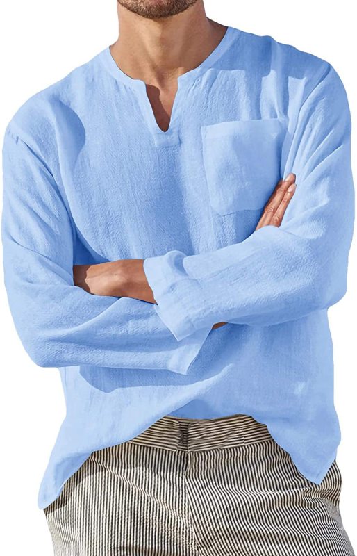 Men's Long Sleeve V Neck Casual Beach Linen Shirt