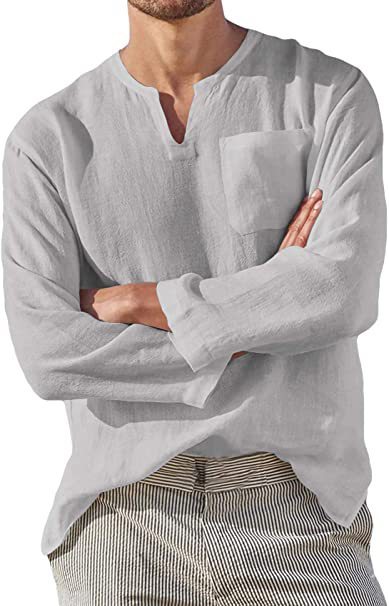 Men's Long Sleeve V Neck Casual Beach Linen Shirt