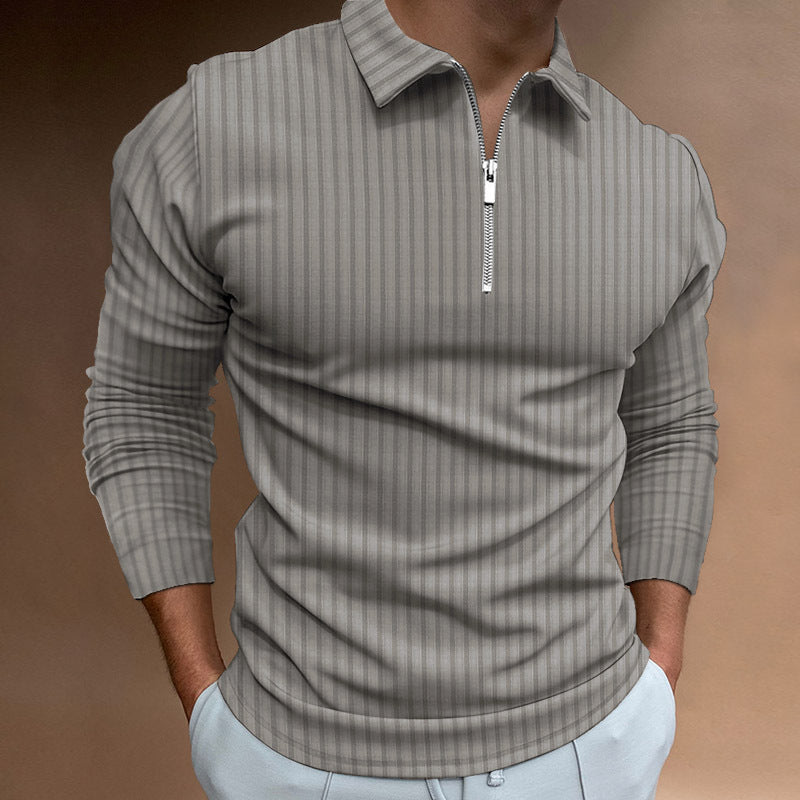 Men's solid color zipper striped long-sleeved POLO shirt