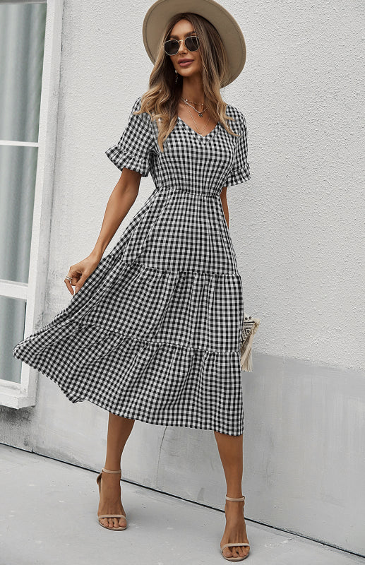 Women's spring and summer sexy big swing skirt plaid temperament dress