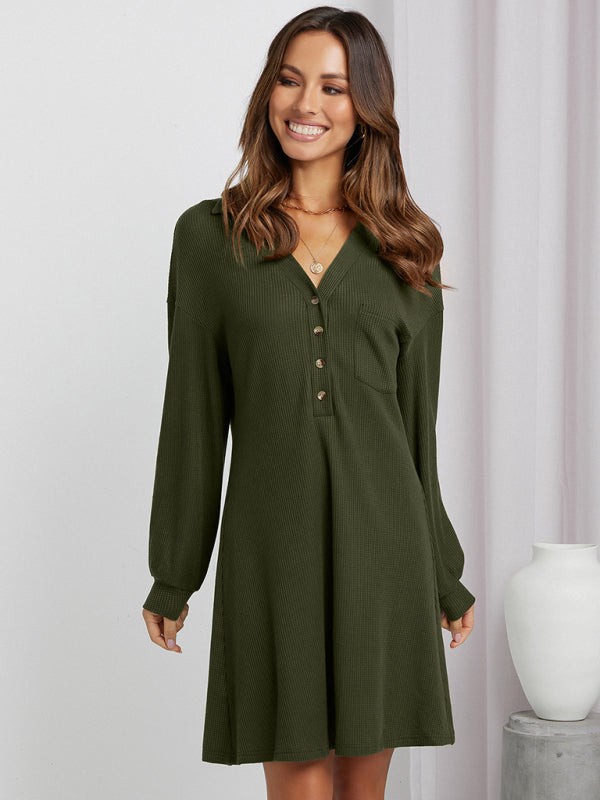 Women's waffle shirt skirt V-neck loose dress