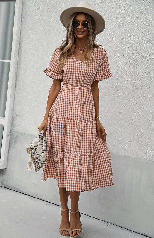 Women's spring and summer sexy big swing skirt plaid temperament dress