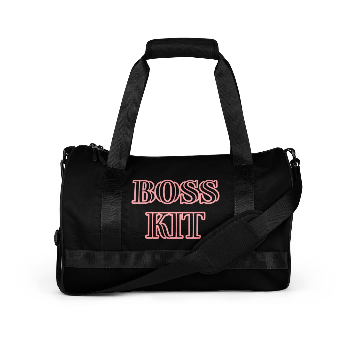 BOSS KIT TRAVEL OR GYM BAG- WRITING TRIMMED IN PINK  BAG IS IN BLACK