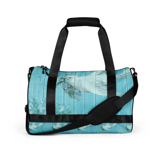 WHITE BIRD DOVE ON BLUE-TRAVEL OR STORAGE OR GYM BAG