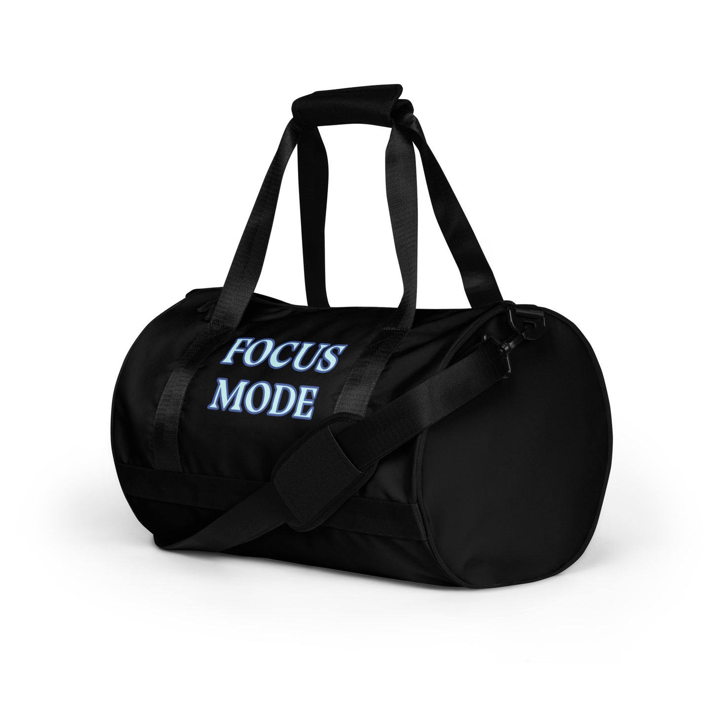 FOCUS MODE BLUE WRITING ON BLACK BACK GROUND All-over print gym bag