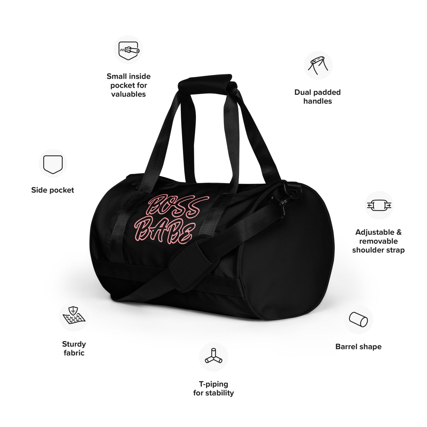 BOSS BABE  TRAVEL OR GYM BAG SHOWN WITH PINK OUTLINE ON BLACK BAG